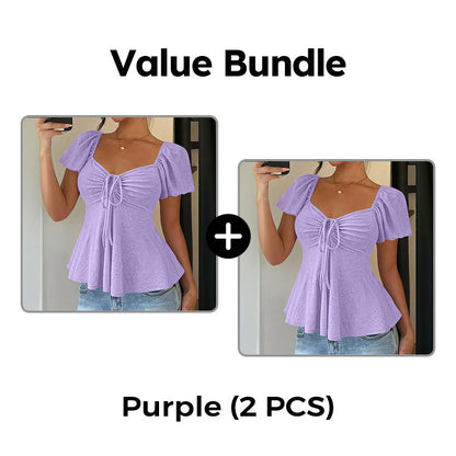 Women's Puff Sleeve Drawstring Ruched Peplum Top