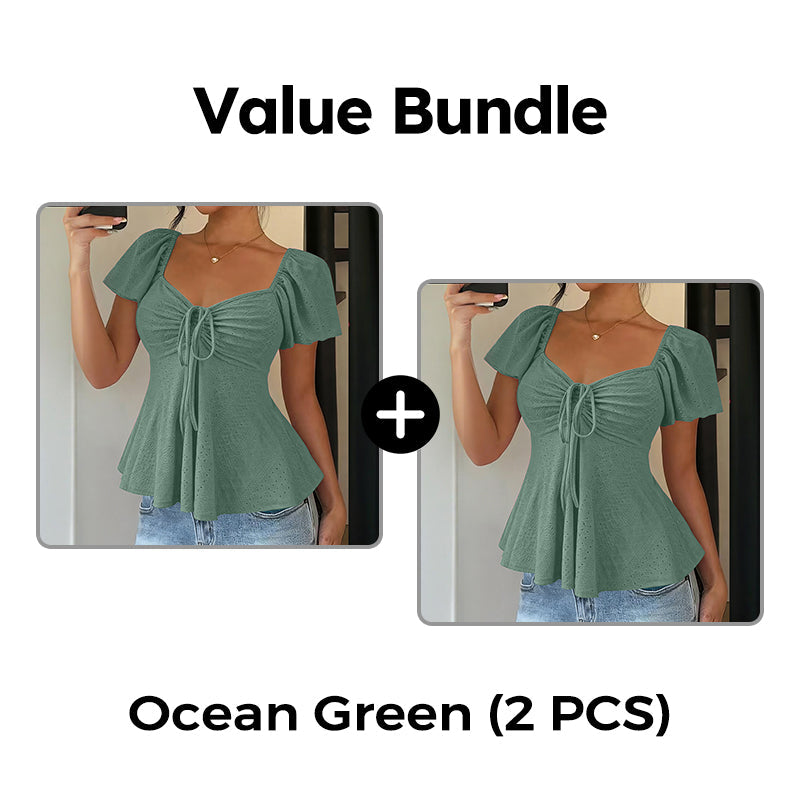 Women's Puff Sleeve Drawstring Ruched Peplum Top