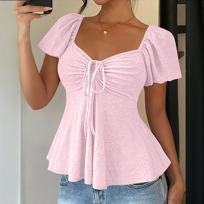 Women's Puff Sleeve Drawstring Ruched Peplum Top