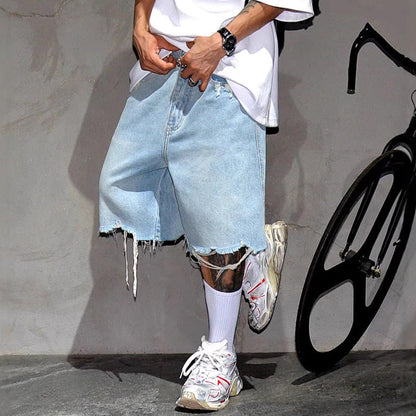 Men's Fashion Loose Fit Denim Shorts with Raw Hem