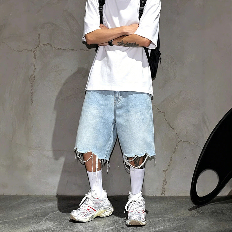 Men's Fashion Loose Fit Denim Shorts with Raw Hem