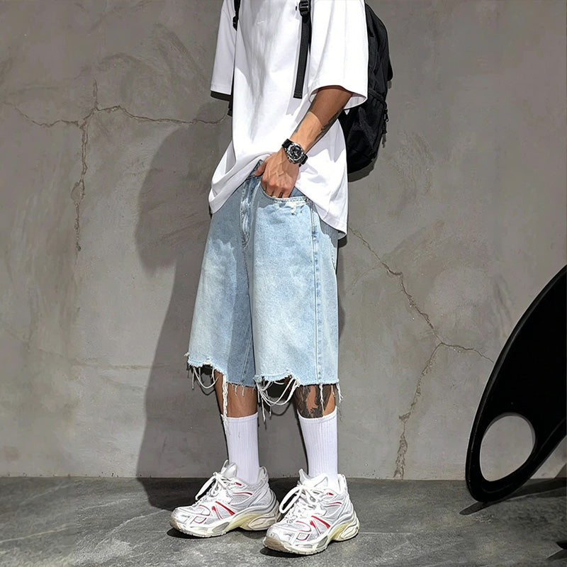 Men's Fashion Loose Fit Denim Shorts with Raw Hem