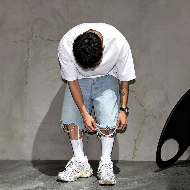 Men's Fashion Loose Fit Denim Shorts with Raw Hem