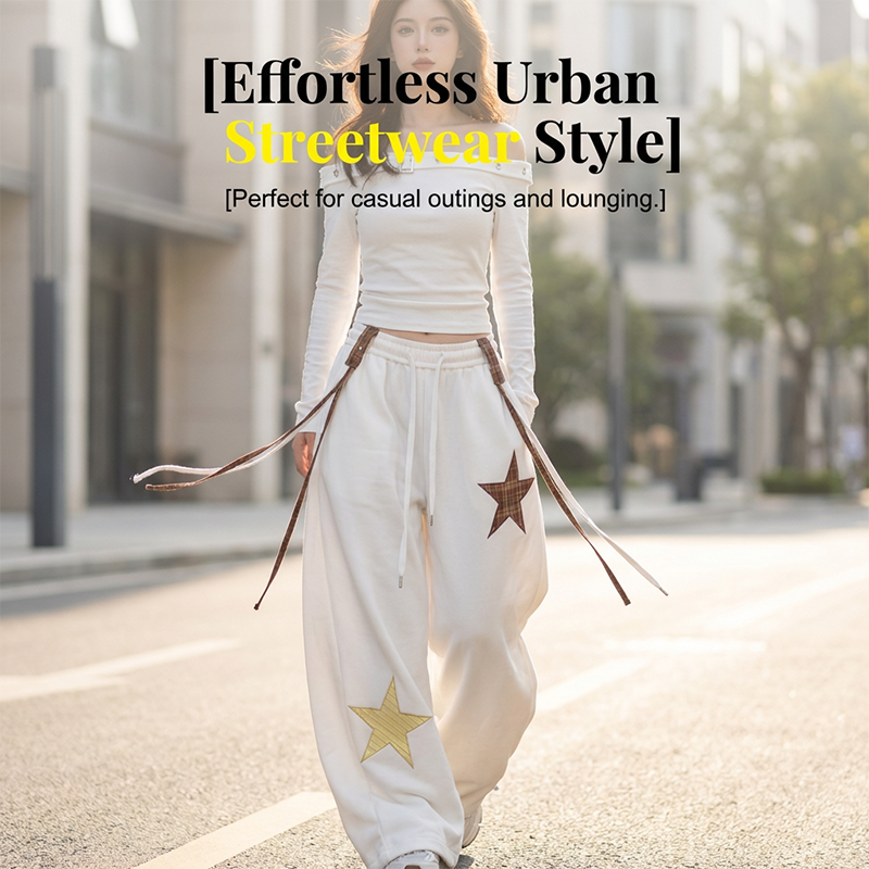 Star Patch Baggy Pants with Decorative Straps