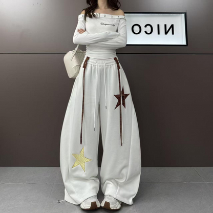 Star Patch Baggy Pants with Decorative Straps