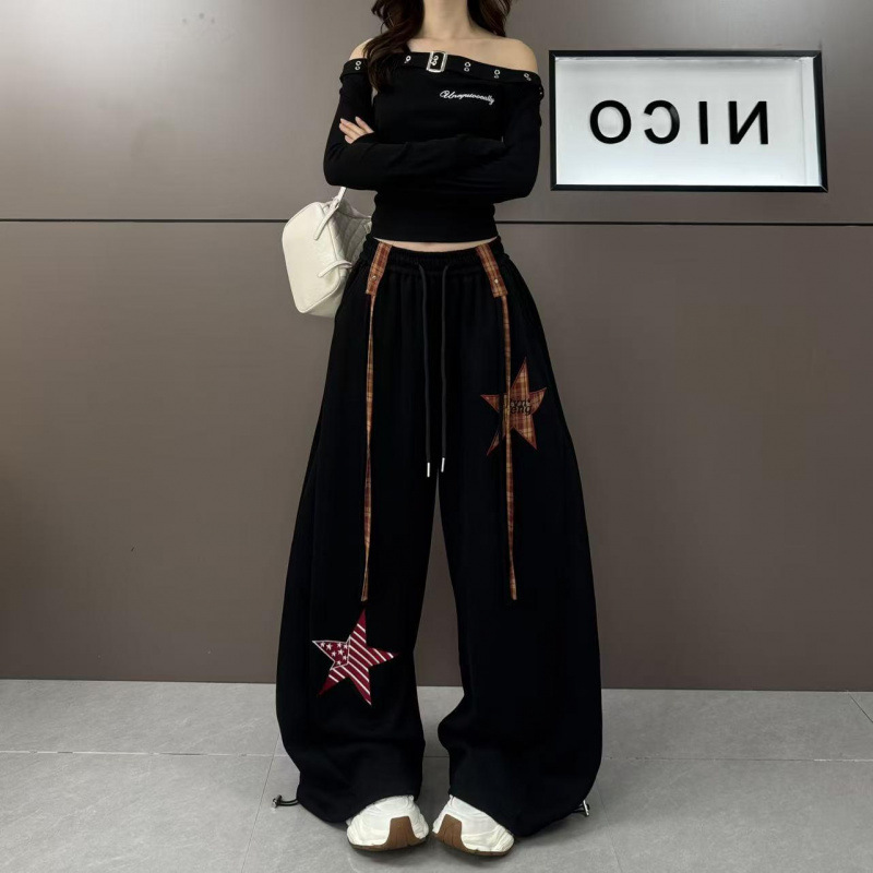 Star Patch Baggy Pants with Decorative Straps