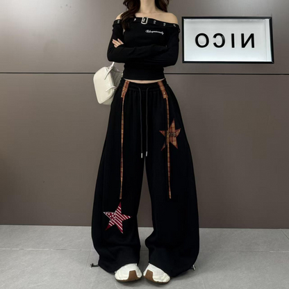 Star Patch Baggy Pants with Decorative Straps