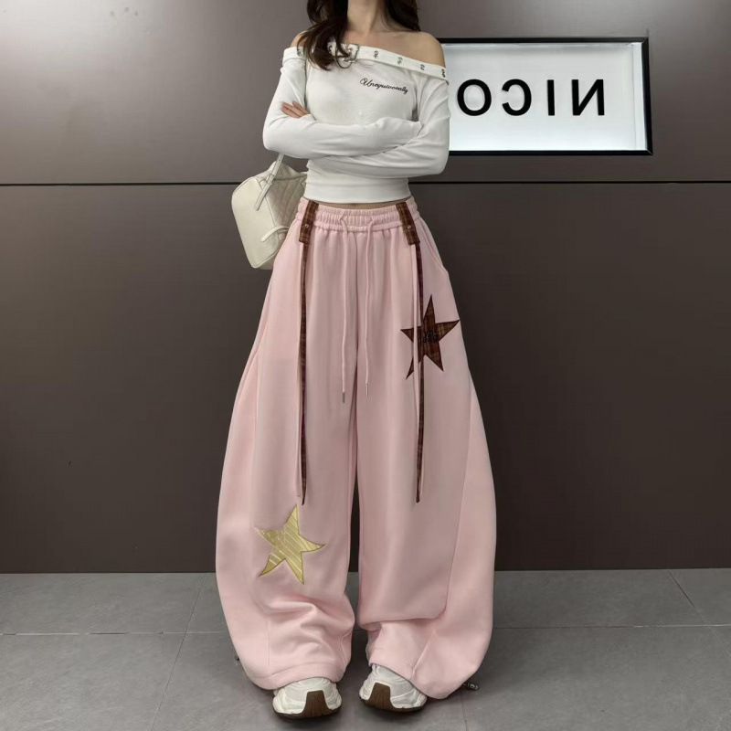 Star Patch Baggy Pants with Decorative Straps