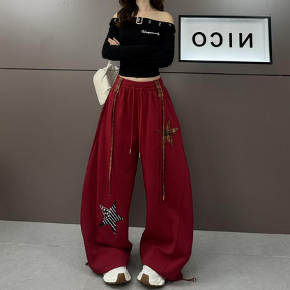 Star Patch Baggy Pants with Decorative Straps