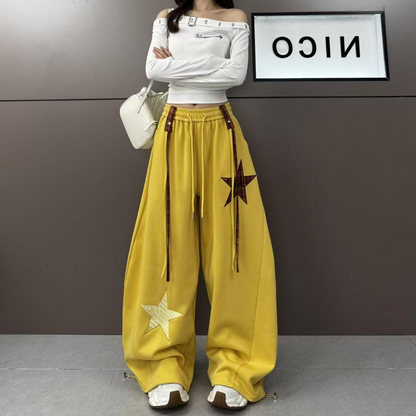 Star Patch Baggy Pants with Decorative Straps
