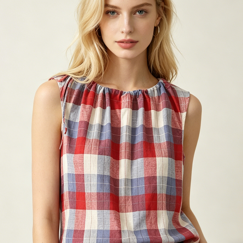 Women's Plaid Tie-Shoulder Sleeveless Top