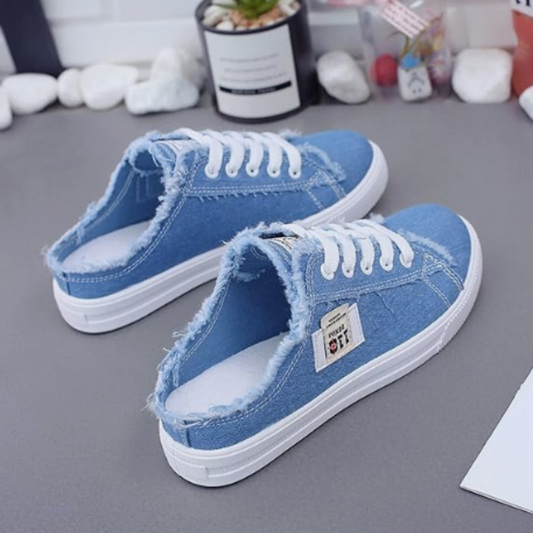 Women's Denim Mule Sneakers – Frayed Edges, Slip-On & Flat Sole – Effortlessly Cool & Comfortable ✨