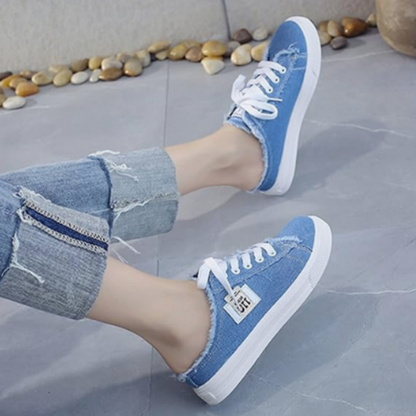 Women's Denim Mule Sneakers – Frayed Edges, Slip-On & Flat Sole – Effortlessly Cool & Comfortable ✨