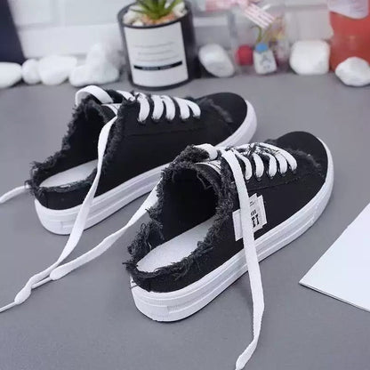 Women's Denim Mule Sneakers – Frayed Edges, Slip-On & Flat Sole – Effortlessly Cool & Comfortable ✨