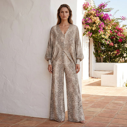 Women's Snake Print Top & Wide-Leg Pants Set