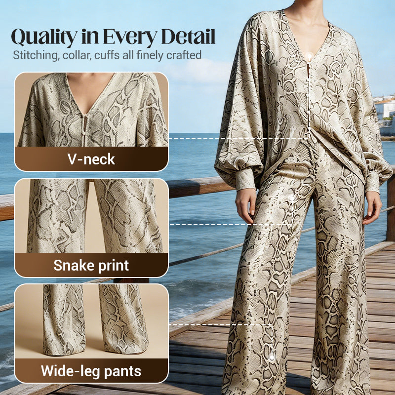 Women's Snake Print Top & Wide-Leg Pants Set