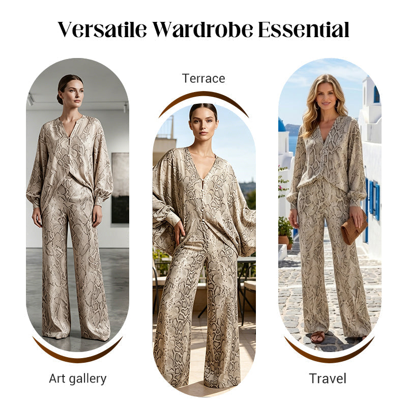 Women's Snake Print Top & Wide-Leg Pants Set