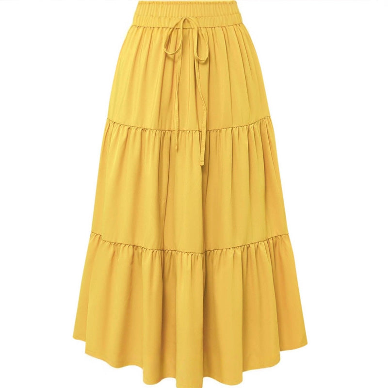 Women's Casual Tiered A-Line Maxi Skirt with Drawstring Waist