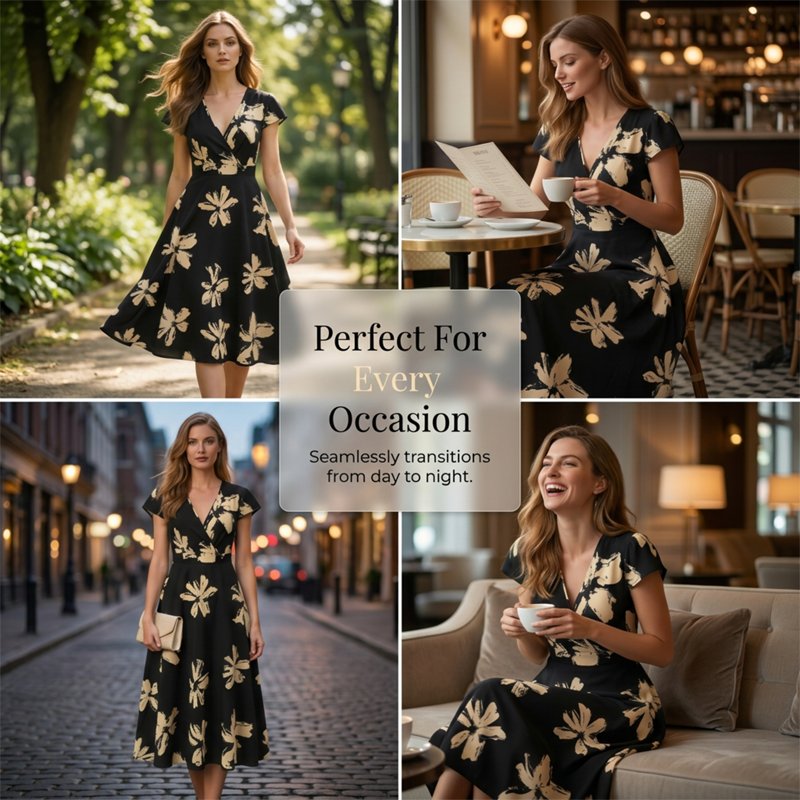 Women's Casual Printed V-Neck Ruffle Dress – Playful, Feminine & Ready-to-Wear ✨