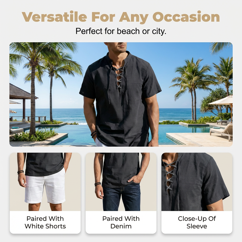 👕 LIMITED-TIME 50% OFF! ✨ Men's Casual Lace-Up Short Sleeve Shirt