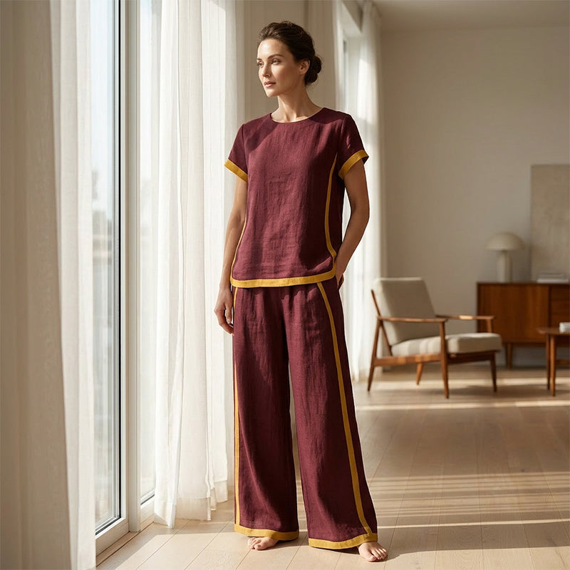 Women's Casual 2-Piece Set – Top & Shorts/Pants, Contrast Trim, Soft Fabric