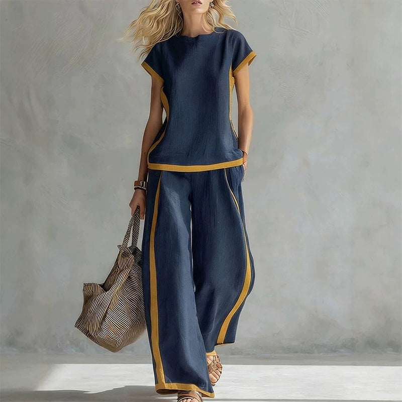 Women's Casual 2-Piece Set – Top & Shorts/Pants, Contrast Trim, Soft Fabric