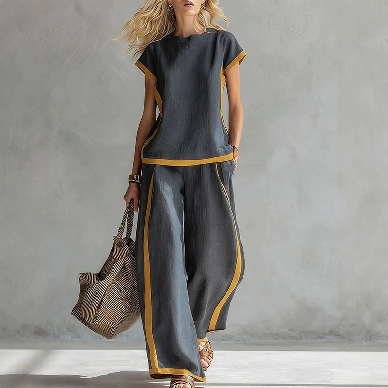 Women's Casual 2-Piece Set – Top & Shorts/Pants, Contrast Trim, Soft Fabric