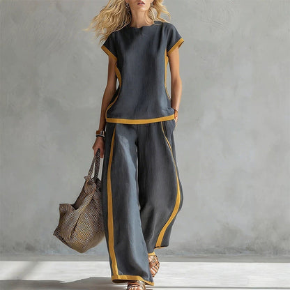 Women's Casual 2-Piece Set – Top & Shorts/Pants, Contrast Trim, Soft Fabric