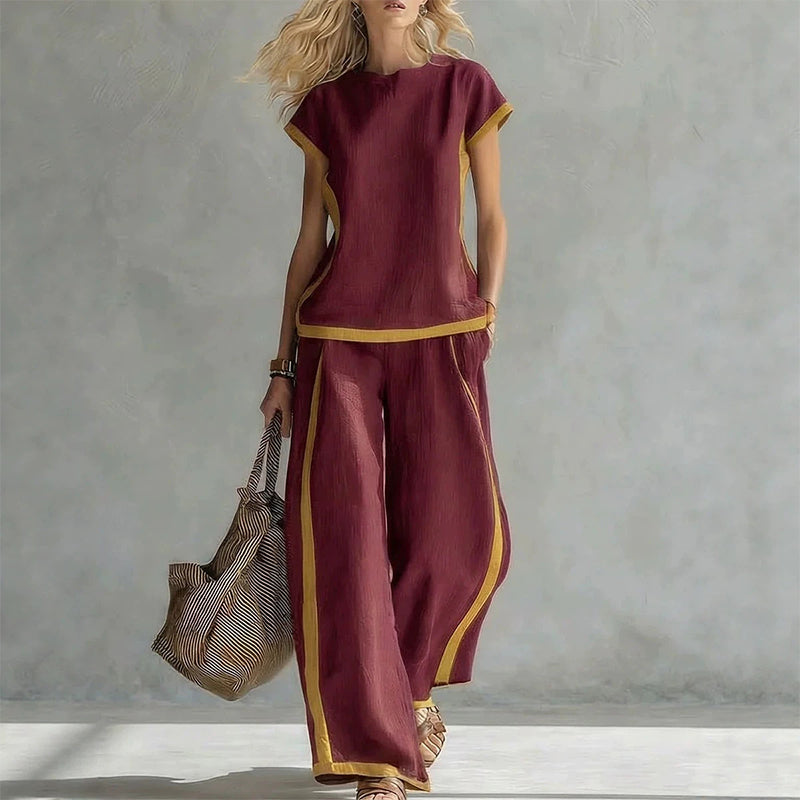 Women's Casual 2-Piece Set – Top & Shorts/Pants, Contrast Trim, Soft Fabric