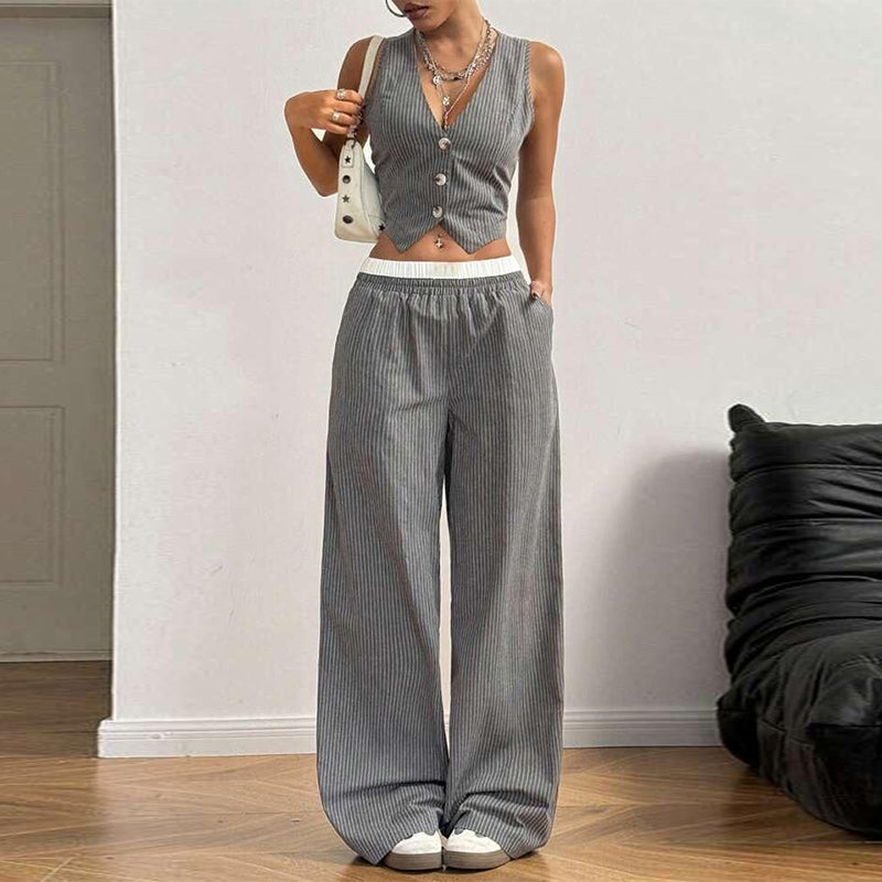Women's Striped Print Vest Top & Wide-Leg Pants
