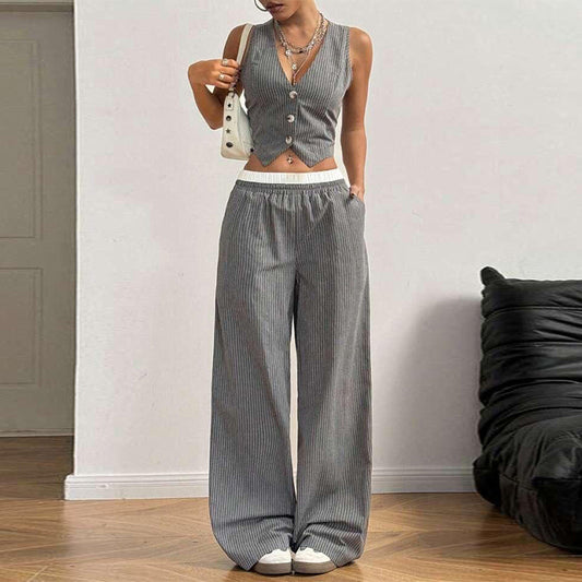 Women's Striped Print Vest Top & Wide-Leg Pants