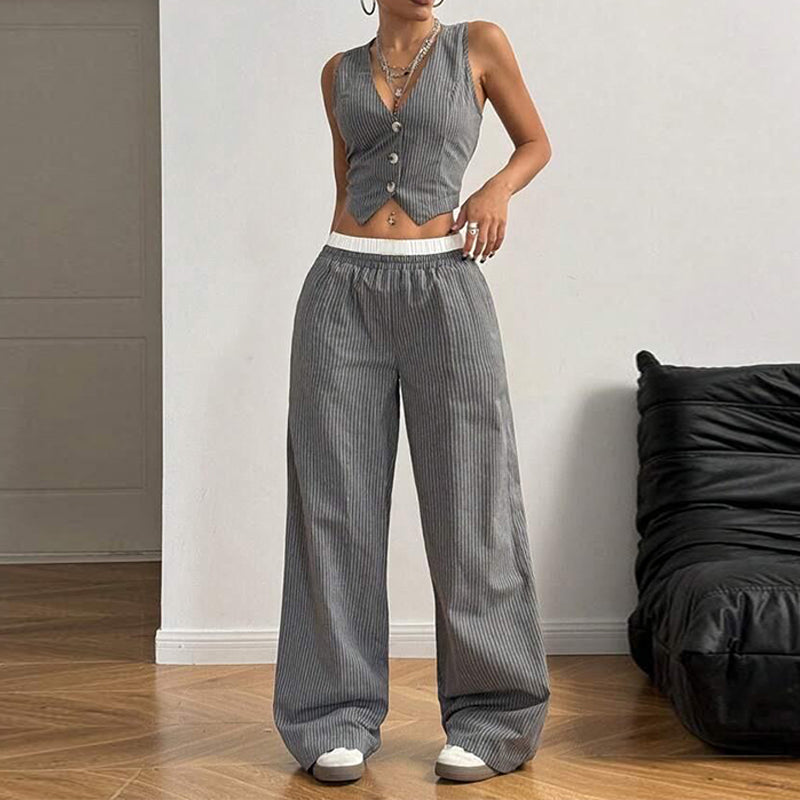 Women's Striped Print Vest Top & Wide-Leg Pants