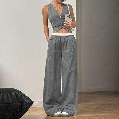 Women's Striped Print Vest Top & Wide-Leg Pants