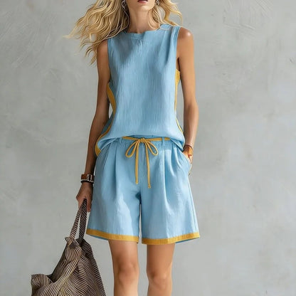 Casual Color-Block Sleeveless Top & Shorts 2-Piece Set