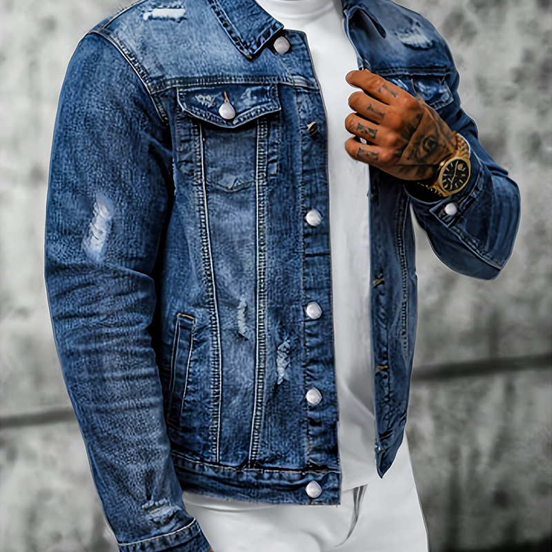 Men's Casual Vintage-Wash Distressed Denim Jacket