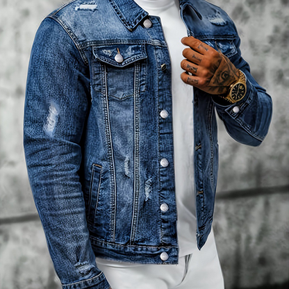 Men's Casual Vintage-Wash Distressed Denim Jacket