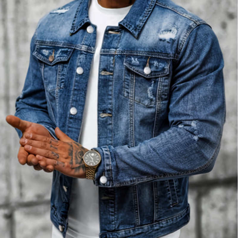 Men's Casual Vintage-Wash Distressed Denim Jacket