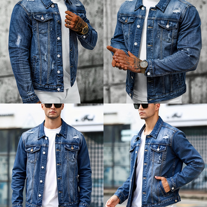 Men's Casual Vintage-Wash Distressed Denim Jacket