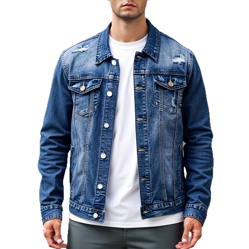 Men's Casual Vintage-Wash Distressed Denim Jacket