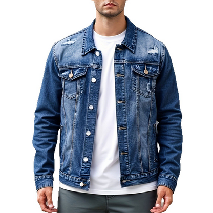 Men's Casual Vintage-Wash Distressed Denim Jacket
