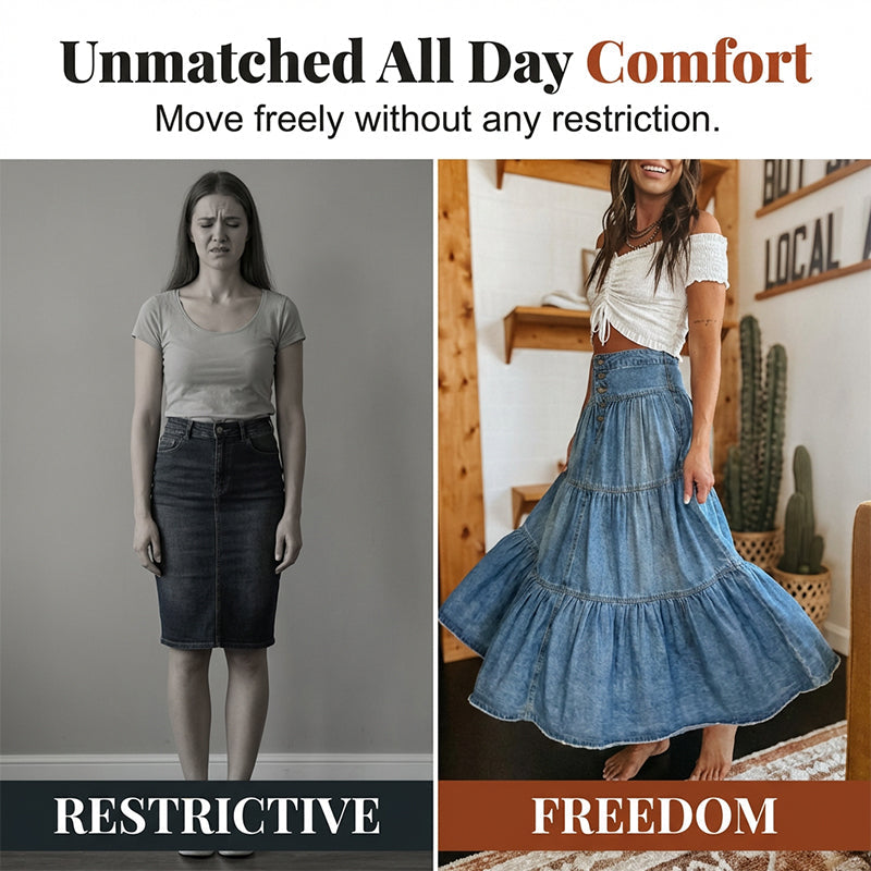 Women's High Waisted Tiered A-Line Denim Maxi Skirt