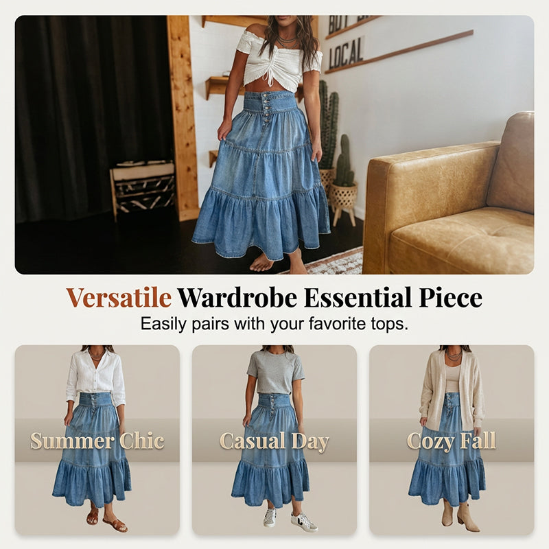 Women's High Waisted Tiered A-Line Denim Maxi Skirt