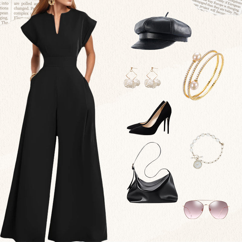 Women's V-Neck Short Sleeve Wide-Leg Jumpsuit