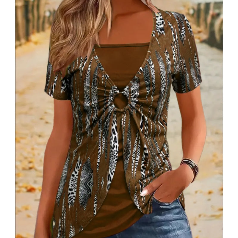 Women's Retro Square-Neck Leopard Print Mock 2-Piece Short Sleeve Top