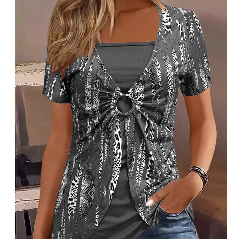 Women's Retro Square-Neck Leopard Print Mock 2-Piece Short Sleeve Top