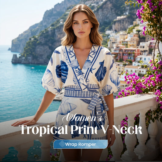 📢📢50% OFF !! ⏰Women's Tropical Print V-Neck Wrap Romper