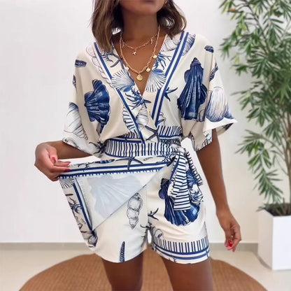 📢📢50% OFF !! ⏰Women's Tropical Print V-Neck Wrap Romper