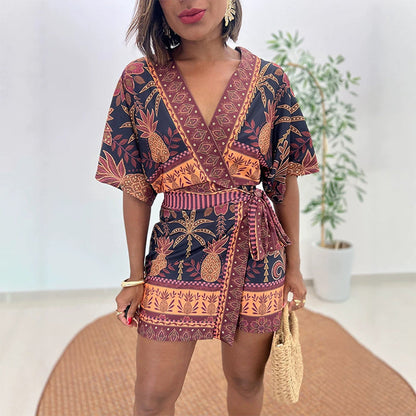 📢📢50% OFF !! ⏰Women's Tropical Print V-Neck Wrap Romper