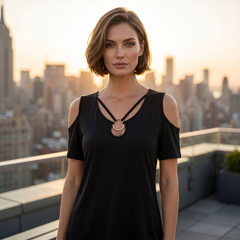 Women's Cold Shoulder V-Neck Top with Ring Detail