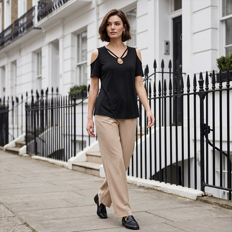 Women's Cold Shoulder V-Neck Top with Ring Detail